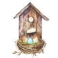 Watercolor birdhouse. Hand painted nesting box isolated on white background. Easter design