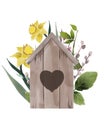 Watercolor birdhouse illustration hand drawn isolated on a white background. Spring birdhouse with branches and flowers