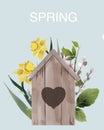 Watercolor birdhouse illustration hand drawn isolated on a white background. Spring birdhouse with branches and flowers Royalty Free Stock Photo