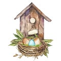 Watercolor Birdhouse With Spring Flowers, Eggs. Hand Painted Nesting Box Isolated On White Background. Easter Design