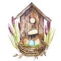 Watercolor birdhouse with Spring flowers, eggs. Hand painted nesting box isolated on white background. Easter design