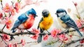 Watercolor Birds on Blossoming Branch. Generative AI