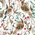 Watercolor Birds and Cotton Seamless Pattern
