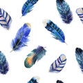 Watercolor birds feathers boho pattern. Seamless