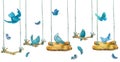 Watercolor birds, feathers, butterflies. Seamless banner, border background