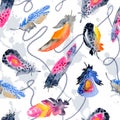 Watercolor birds feathers pattern. Seamless texture with hand drawn feathers on white background Royalty Free Stock Photo