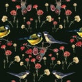 Watercolor birds and flowers pattern Royalty Free Stock Photo