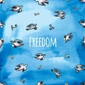 Watercolor birds flying in the blue sky with clouds Royalty Free Stock Photo