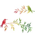 Watercolor birds at tree silhouettes