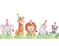 Watercolor birthday animals border isolated on white background