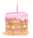 Watercolor Birthday cake with one candle. Hand drawn biscuit cake with pink glaze, stars and bows decoration. Hand