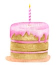 Watercolor Birthday cake with one candle. Hand drawn cute biscuit cake with pink glaze. Dessert ilustration isolated on