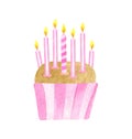 Watercolor Birthday cake with seven candles. Hand drawn cute biscuit cupcake in pink paper liner. Dessert ilustration