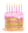 Watercolor Birthday cake with seven candles. Hand painted cute biscuit cake with pink glaze. Dessert ilustration isolated on white Royalty Free Stock Photo