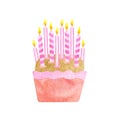 Watercolor Birthday cake with ten candles. Hand drawn cute biscuit cupcake in pink paper liner. Dessert ilustration isolated on