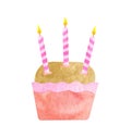 Watercolor Birthday cake with three candles. Hand drawn cute biscuit cupcake in pink paper liner. Dessert ilustration