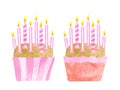 Watercolor Birthday cakes with eight candles. Hand drawn cute biscuit cupcakes in pink paper liners. Dessert ilustration