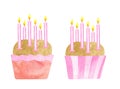 Watercolor Birthday cakes with six candles. Hand drawn cute biscuit cupcakes in pink paper liners. Dessert ilustration