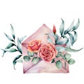 Watercolor birthday decor card with envelope and rose bouquet. Hand painted eucalyptus leaves isolated on white