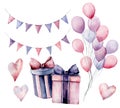 Watercolor birthday decor set. Hand painted gift boxes with ribbons, flag garlands, air balloons isolated on white Royalty Free Stock Photo