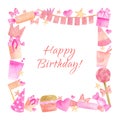 Watercolor Birthday frame. Hand drawn cute pink border with party hat and flags, paper cup, cake, candies, heart and Royalty Free Stock Photo