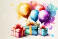 Watercolor birthday gift boxes with balloons. Generative ai Royalty Free Stock Photo