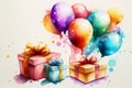 Watercolor birthday gift boxes presents. Generative ai Royalty Free Stock Photo