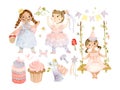 Watercolor birthday girls, cakes, garland and botanical elements