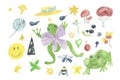 Watercolor birthday illustrations in on-trend colors.Collection with frog with butterfly wings