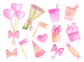 Watercolor Birthday party set. Hand drawn cute pink party hat, paper cups with swizzle sticks, air balloons, gift boxes, flower