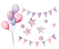 Watercolor birthday set with pastel elements. Hand painted air balloons, flag garlands, stars and confetti isolated on