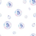 Watercolor bitcoin bubble pattern. Virtual money concept. Illustration for design, print or background