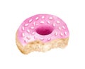 Watercolor bitten donut illustration. Hand painted cute pink doughnut with glaze and sprinkles isolated on white Royalty Free Stock Photo