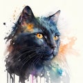 Watercolor black cat portrait, colorful painting. Realistic pet, animal illustration. Created with Generative AI technology Royalty Free Stock Photo