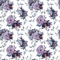 Watercolor black flowers and leaves seamless pattern isolated on white. Gothic floral print hand drawn. Dark botanical Royalty Free Stock Photo