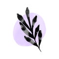 Watercolor black foliage on purple abstract shape background