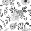 Watercolor black and white floral print. Monochrome flowers seamless pattern Royalty Free Stock Photo