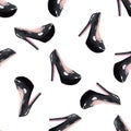 Watercolor black high heels shoes seamless pattern on white background Royalty Free Stock Photo