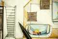 Watercolor and black ink freehand sketch painting of apartment flat floor plan living room with a sharp pencils Royalty Free Stock Photo