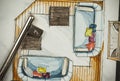 Watercolor and black ink freehand sketch painting of apartment flat floor plan living room with a shiny metal key