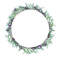 Watercolor black olive tree branch leaves wreath, Realistic olives illustration on white background, Hand painted Frame Royalty Free Stock Photo