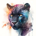 Watercolor black panther portrait, colorful painting. Realistic wild animal illustration. Created with Generative AI technology Royalty Free Stock Photo