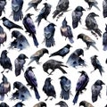 Watercolor Black Ravens Seamless pattern Isolated on White - Gothic Witchcraft Repeatable Background created with Generative AI