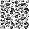 Watercolor black and white oysters seamless pattern