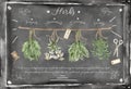 Watercolor blackboard with herbs illustration, hand drawn spices, herbs and kitchen utensil frame clipart. Healthy food clip art Royalty Free Stock Photo