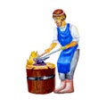 Watercolor blacksmith of the Middle Ages forges with a hammer on the anvil of the sword. on white background