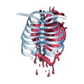 Watercolor bleeding human heart inside skeleton bones