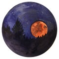 Watercolor bloody Moon at starry night, galaxy with stars, horror space and astrology illustration. Royalty Free Stock Photo