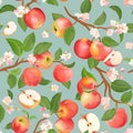 Watercolor blooming apple seamless pattern. Vector autumn fruits, flowers, leaves texture