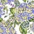 Watercolor blooming blue hydrangea seamless pattern, leaves, buds. Natural botanical floral texture